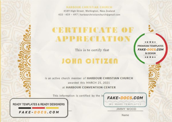 USA Church Certificate of Appreciation template in Word and PDF format scan