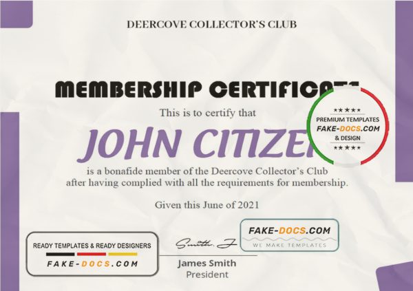 USA Club Membership certificate template in Word and PDF format scan
