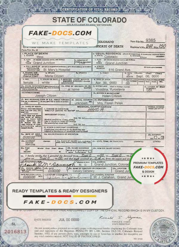 USA Colorado state death certificate template in PSD format, fully editable scan