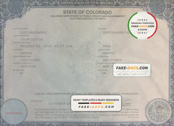 USA Colorado state birth certificate template in PSD format, fully editable scan