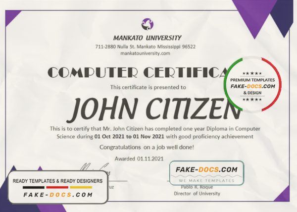 USA Computer Diploma Certificate template in Word and PDF format scan