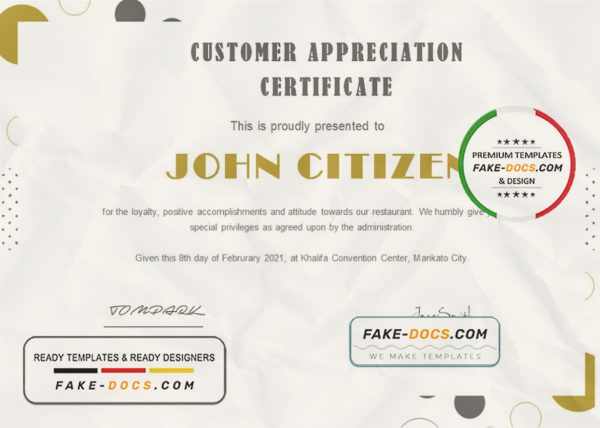 USA Customer Appreciation Certificate template in Word and PDF format scan