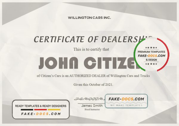 USA Dealership Completion certificate template in Word and PDF format scan
