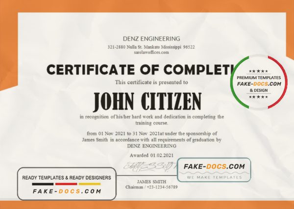USA Denz Engineering Internship Certificate template in Word and PDF format scan