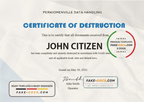 USA Destruction certificate template in Word and PDF format scan