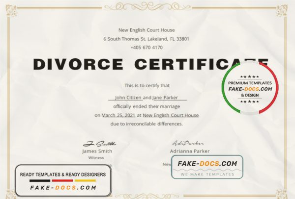 USA Divorce certificate template in Word and PDF format scan