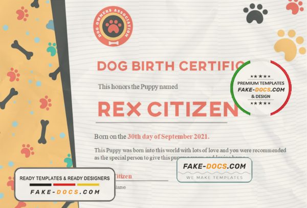 USA Dog Birth certificate template in Word and PDF format scan