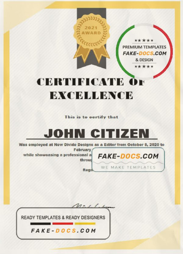 USA Excellence Certificate template in Word and PDF format scan