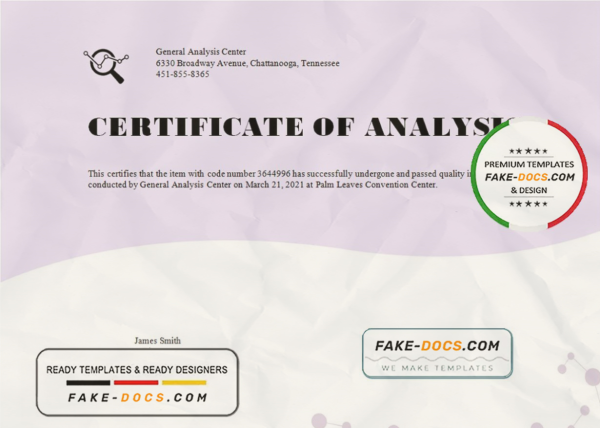 USA General Analysis certificate template in Word and PDF format scan