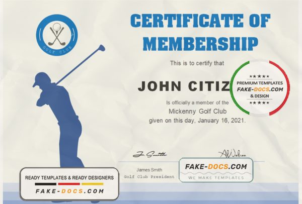 USA Golf Club Membership certificate template in Word and PDF format scan