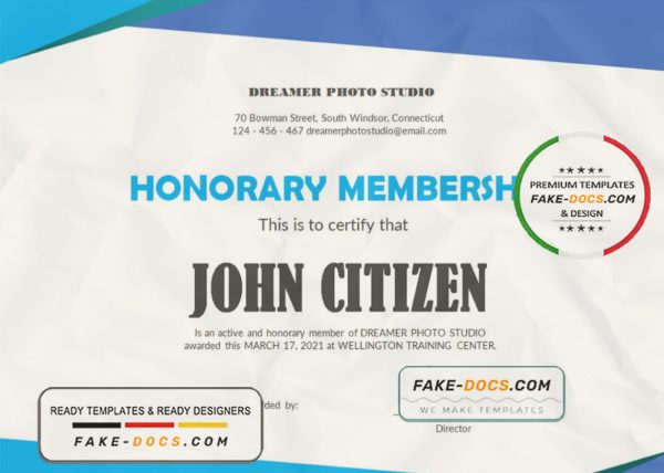 USA Honorary Membership certificate template in Word and PDF format scan