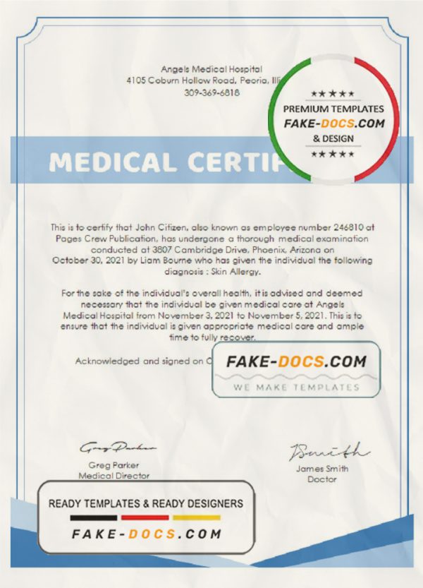 USA Hospital Medical certificate template in Word and PDF format scan