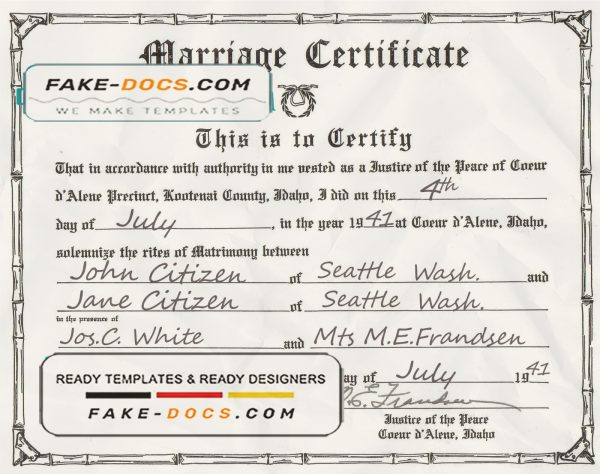 USA Idaho marriage certificate template in PSD format, fully editable scan