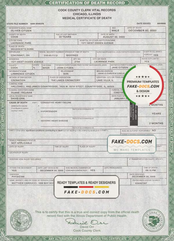 USA Illinois state death certificate template in PSD format, fully editable scan