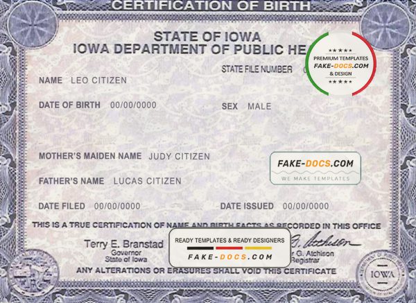 USA Iowa state birth certificate template in PSD format, fully editable scan