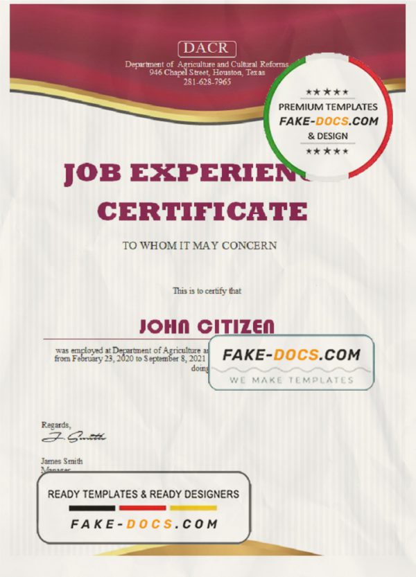 USA Job experience certificate template in Word and PDF format scan