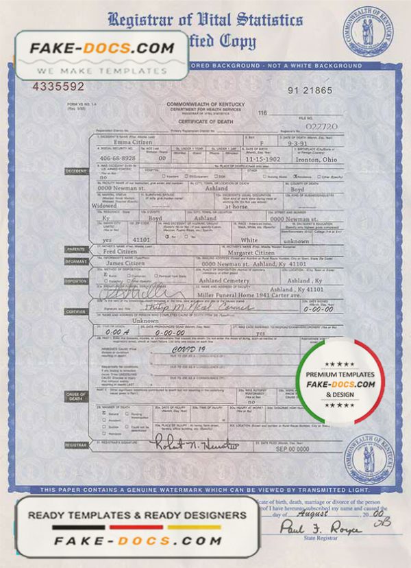 USA Kentucky state death certificate template in PSD format, fully editable scan