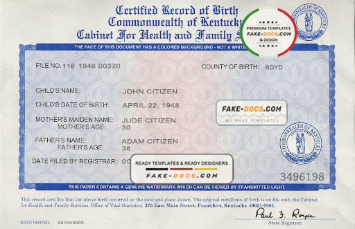 USA Kentucky state birth certificate template in PSD format, fully editable scan