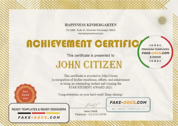 USA Kindergarten certificate template in Word and PDF format scan