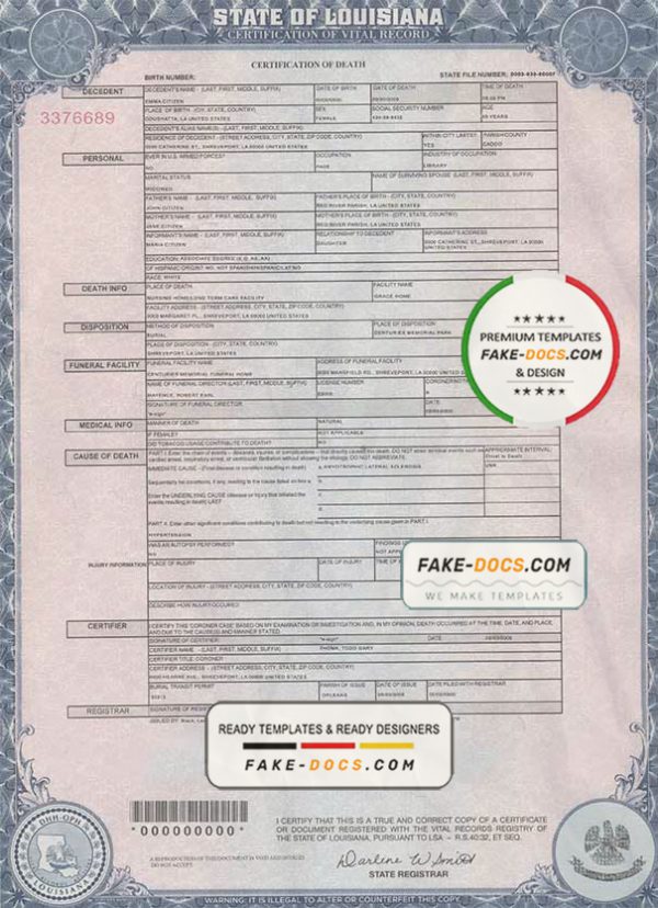 USA Louisiana state death certificate template in PSD format, fully editable scan