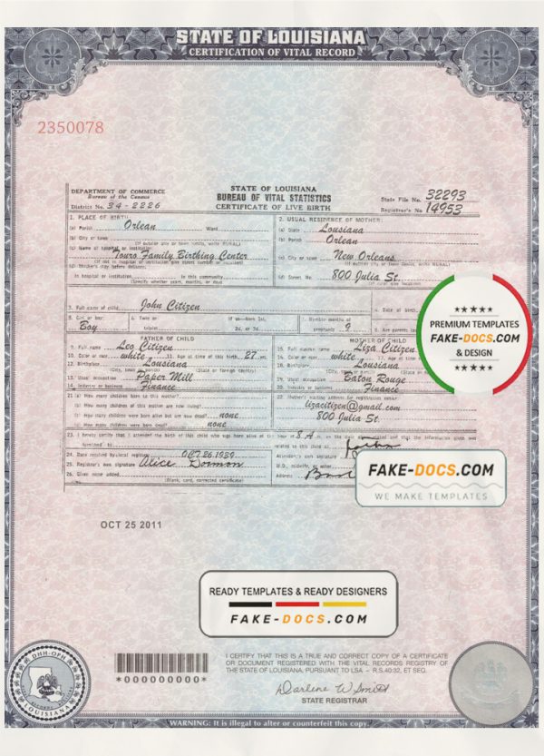 USA Louisiana state birth certificate template in PSD format, fully editable scan