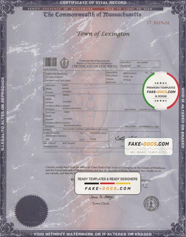 USA Massachusetts state birth certificate template in PSD format, fully editable scan