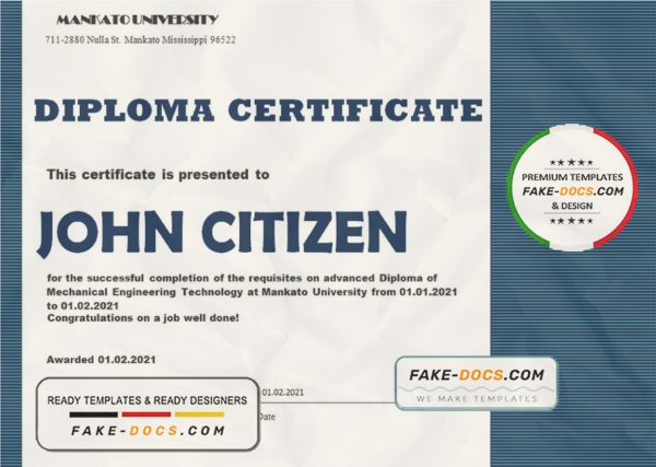 USA Mechanical Diploma certificate template in Word and PDF format scan
