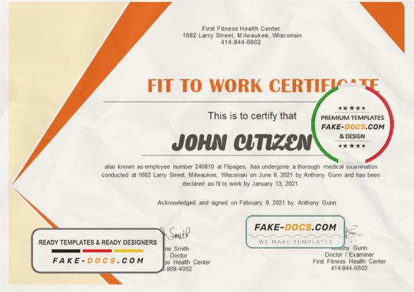 USA Medical Fitness certificate template in Word and PDF format scan