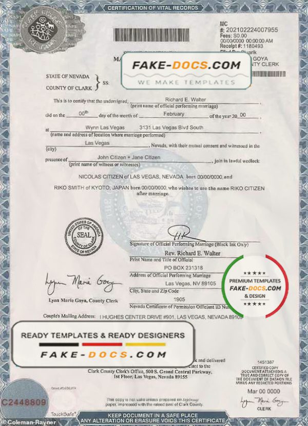 USA Nevada state marriage certificate template in PSD format, fully editable scan