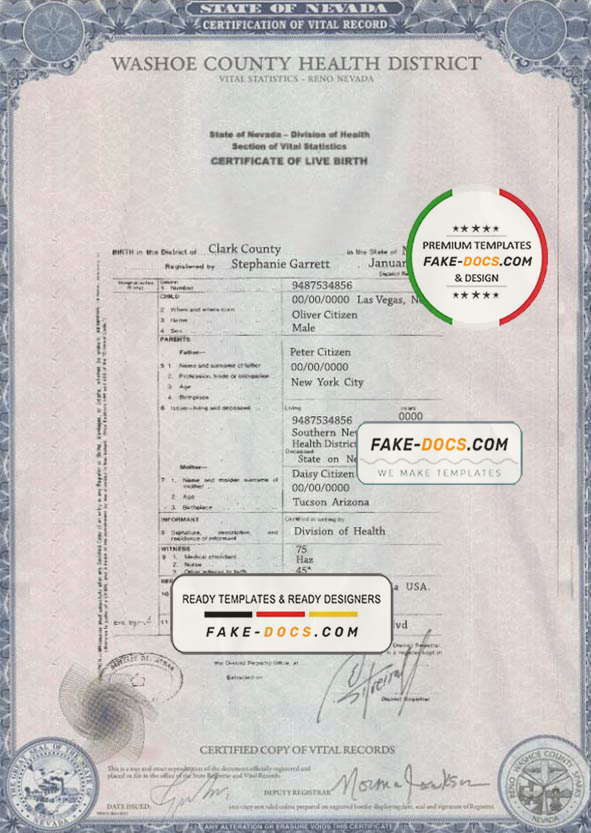 USA Nevada state birth certificate template in PSD format, fully editable scan