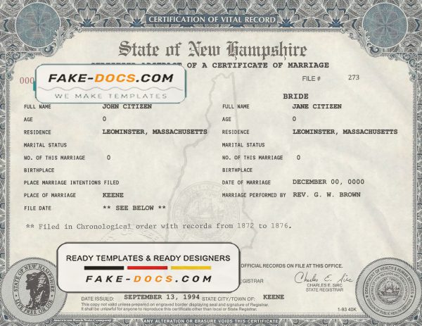 USA New Hampshire state marriage certificate template in PSD format, fully editable scan