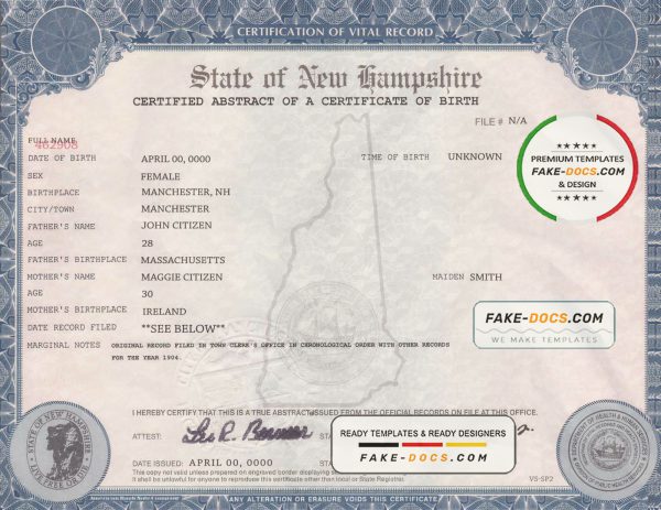USA New Hampshire state birth certificate template in PSD format, fully editable scan