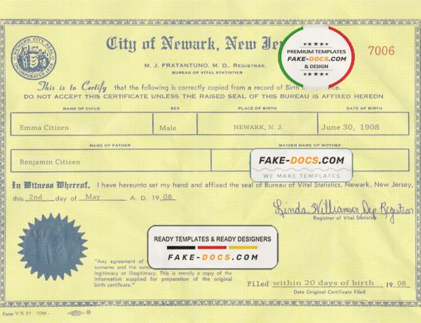 USA New Jersey state birth certificate template in PSD format, fully editable scan
