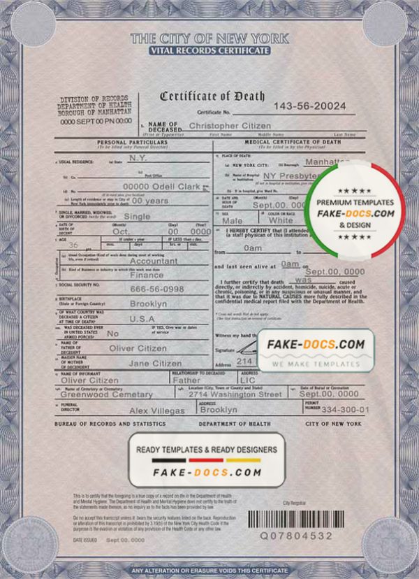 USA New York state death certificate template in PSD format, fully editable scan
