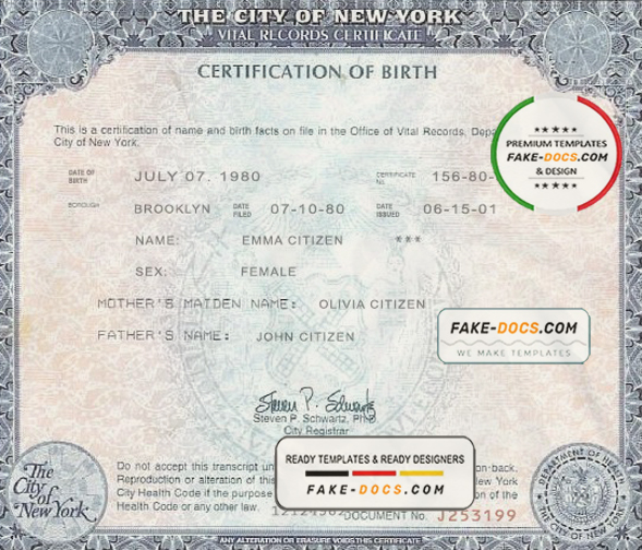 USA New York state birth certificate template in PSD format, fully editable scan