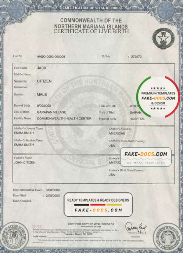USA Northern Mariana Islands birth certificate template in PSD format, fully editable scan