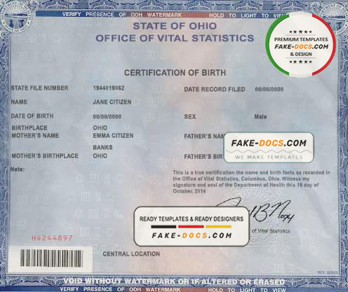 USA Ohio state birth certificate template in PSD format, fully editable scan