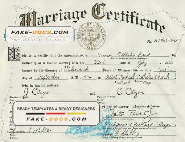 USA Oregon state marriage certificate template in PSD format scan