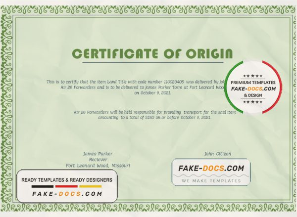USA Origin Certificate template in Word and PDF format scan