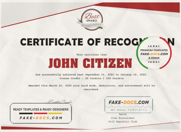 USA Recognition Certificate template in Word and PDF format, version 2 scan