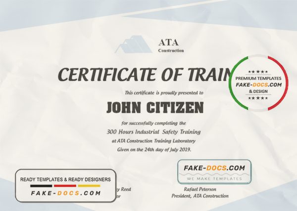 USA Safety Training certificate template in Word and PDF format scan