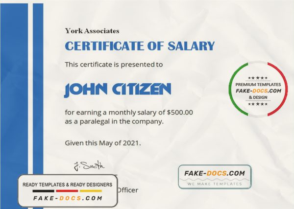 USA Salary certificate template in Word and PDF format scan