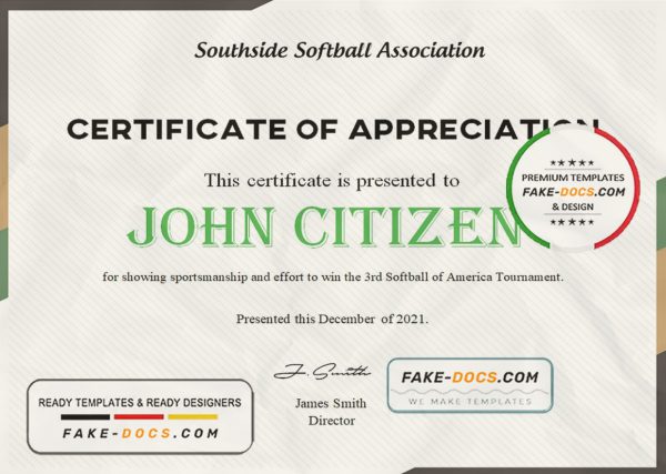 USA Softball certificate template in Word and PDF format scan