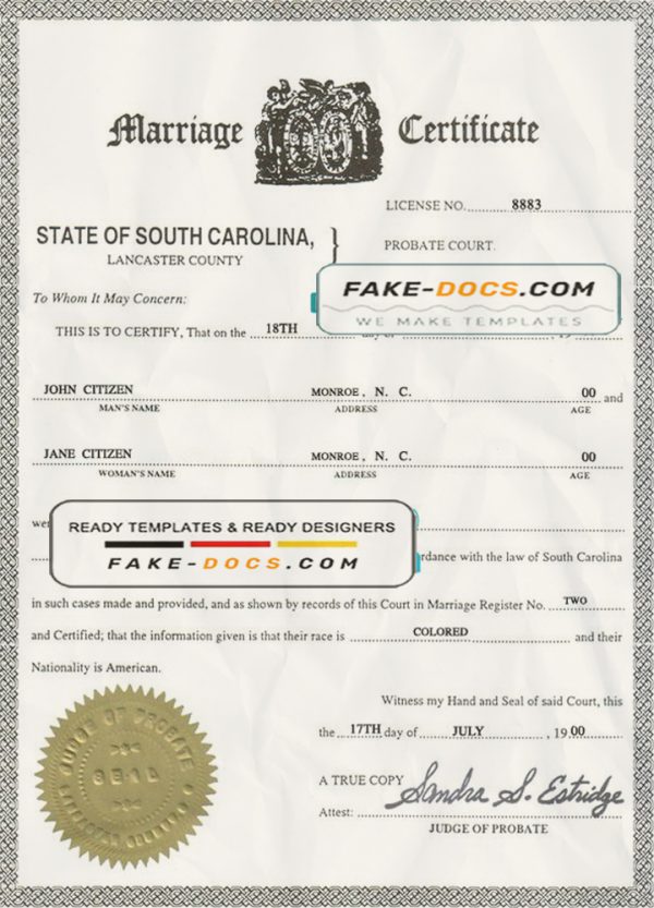 USA South Carolina marriage certificate template in PSD format scan