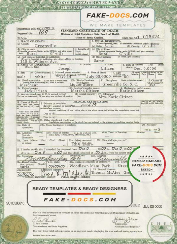 USA South Carolina state death certificate template in PSD format, fully editable scan