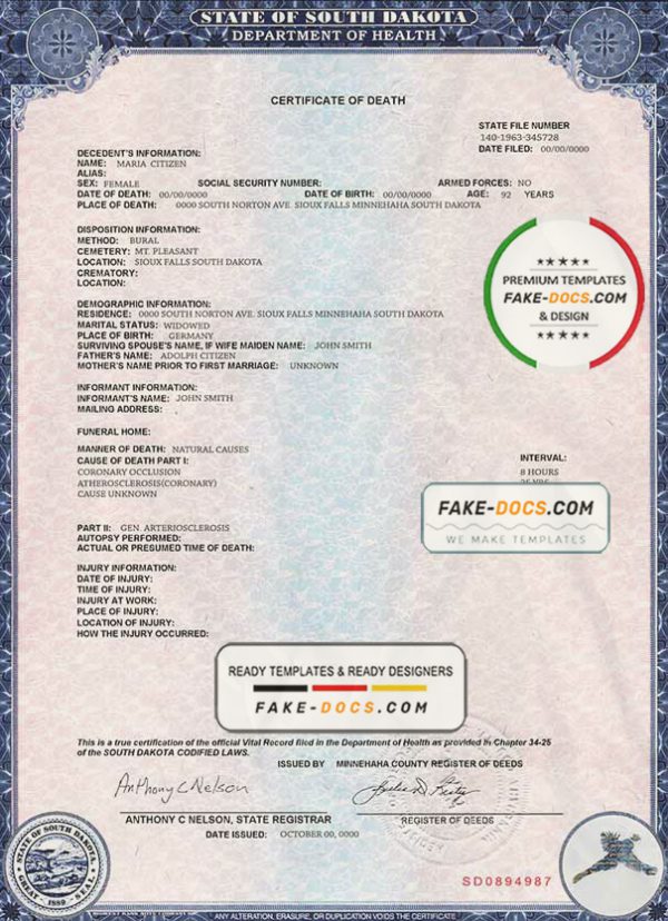 USA South Dakota state death certificate template in PSD format, fully editable scan