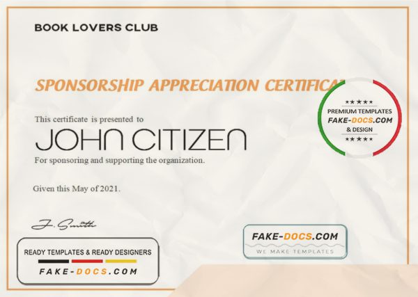 USA Sponsorship Appreciation certificate template in Word and PDF format scan