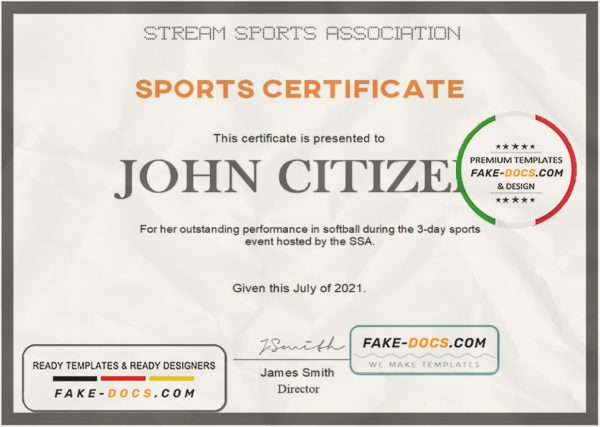USA Sports certificate template in Word and PDF format scan