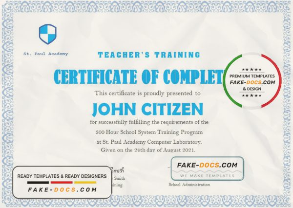 USA Teacher’s Training Completion certificate template in Word and PDF format scan