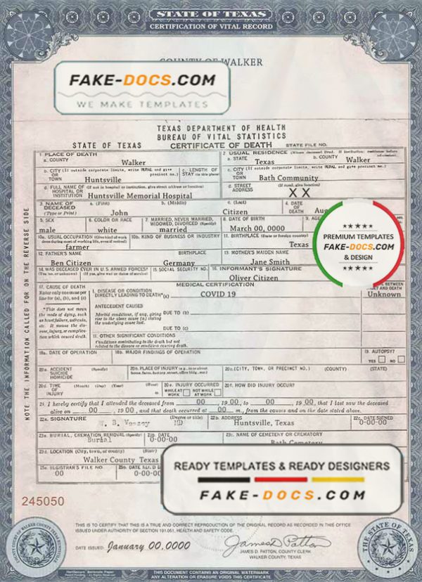 USA Texas state death certificate template in PSD format, fully editable scan